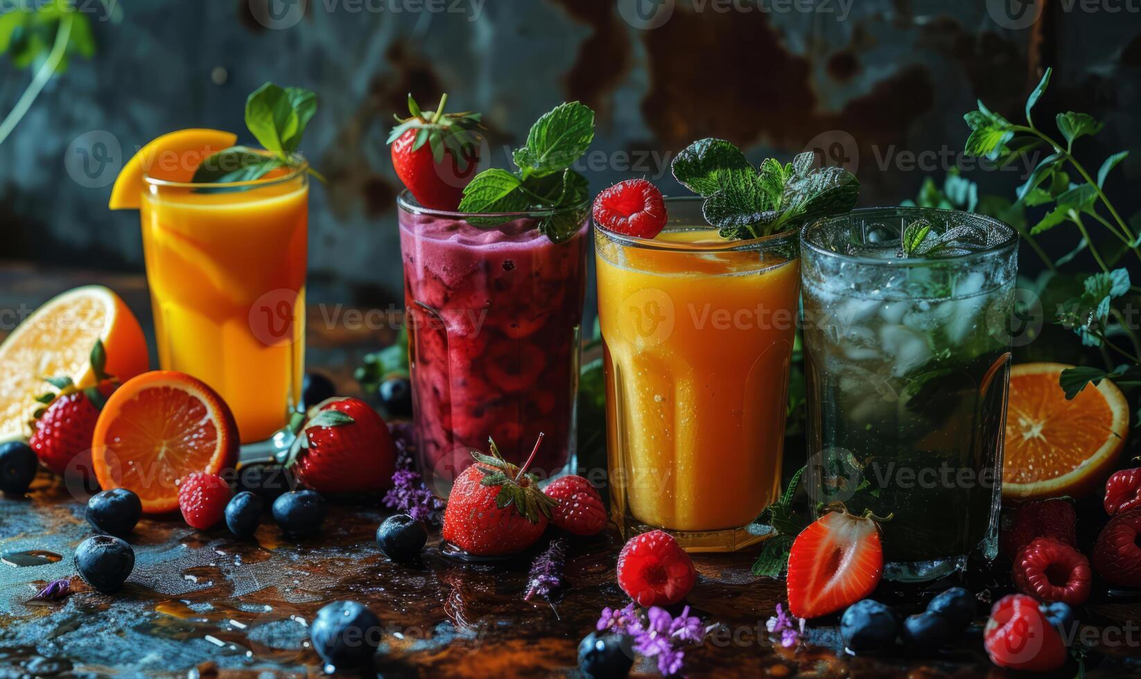 ai généré en bonne santé smoothie jus à prendre plaisir. une table rempli avec des lunettes contenant différent les types de breuvages, variant de des cocktails à fruit jus. photo