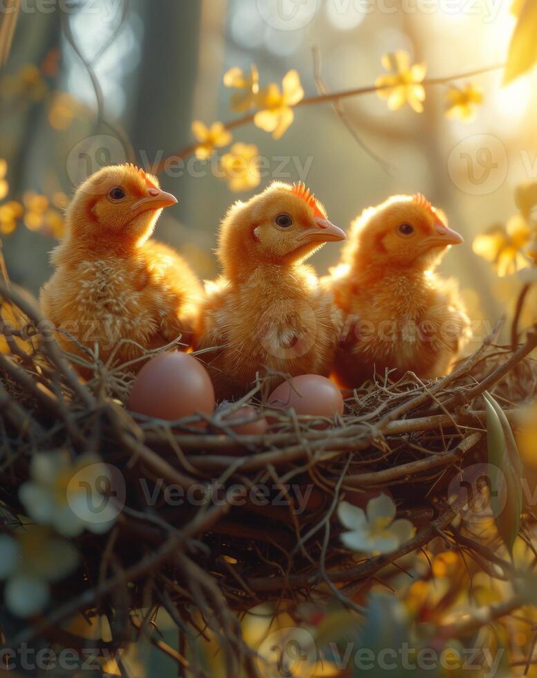 ai généré Trois peu poulets asseoir dans le nid photo