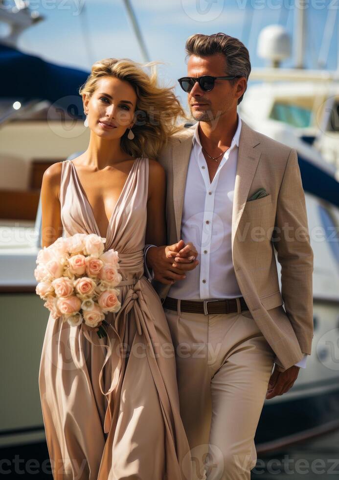 ai généré une homme et femme permanent près une yacht. une homme et une femme sont en marchant aux côtés de une bateau garé sur le rive. photo