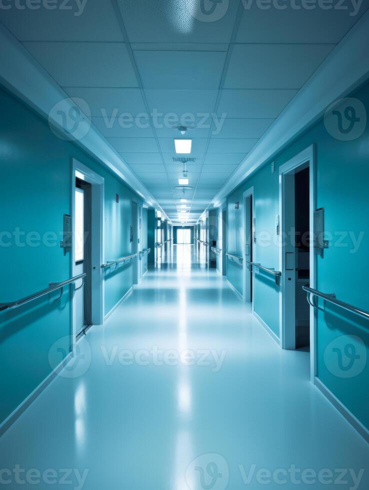 ai généré vide hôpital couloir avec bleu des murs et rangée de les lampes photo