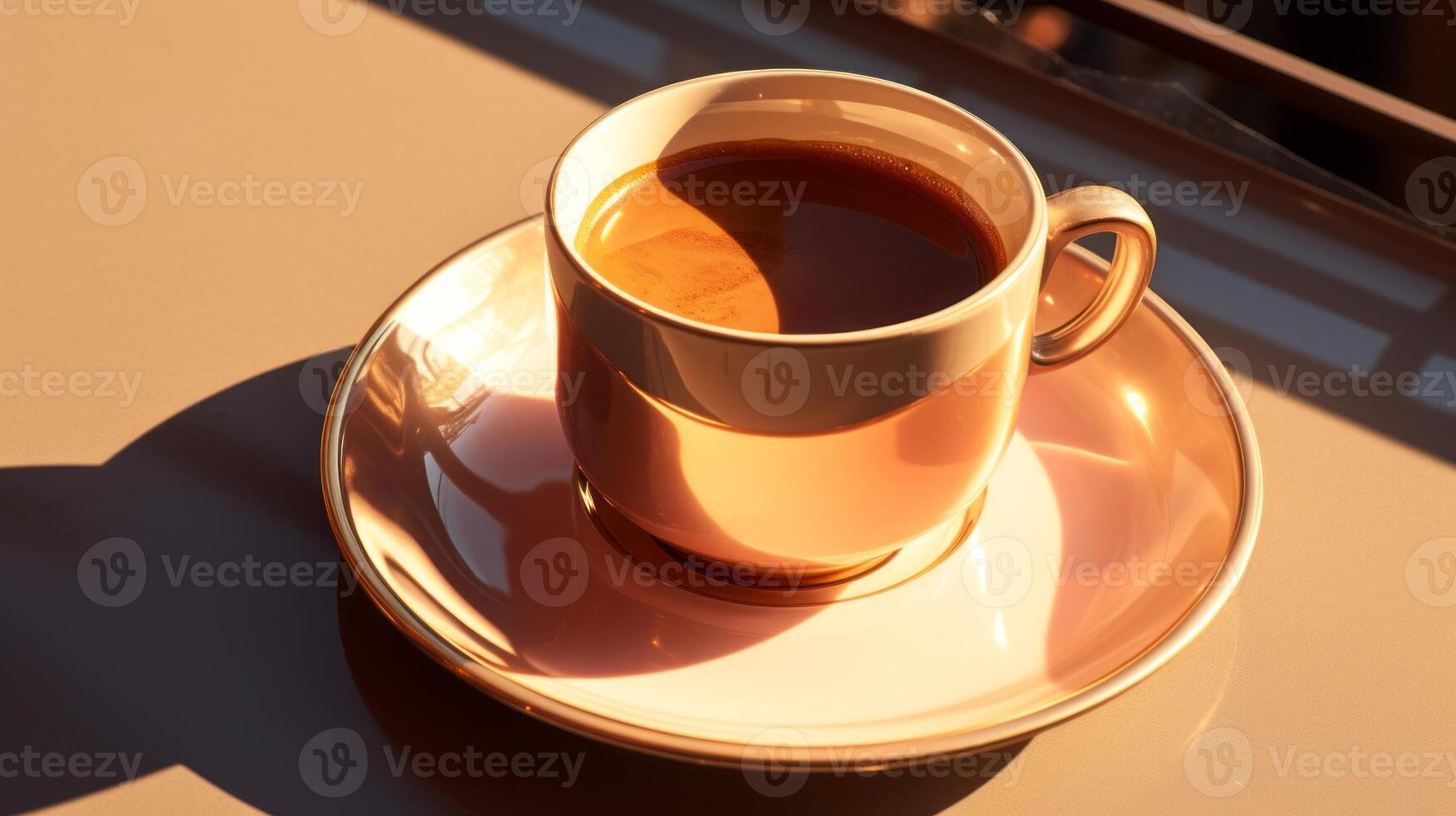 ai généré Matin Soleil éclairant une tasse de café, une d'or début à le journée photo