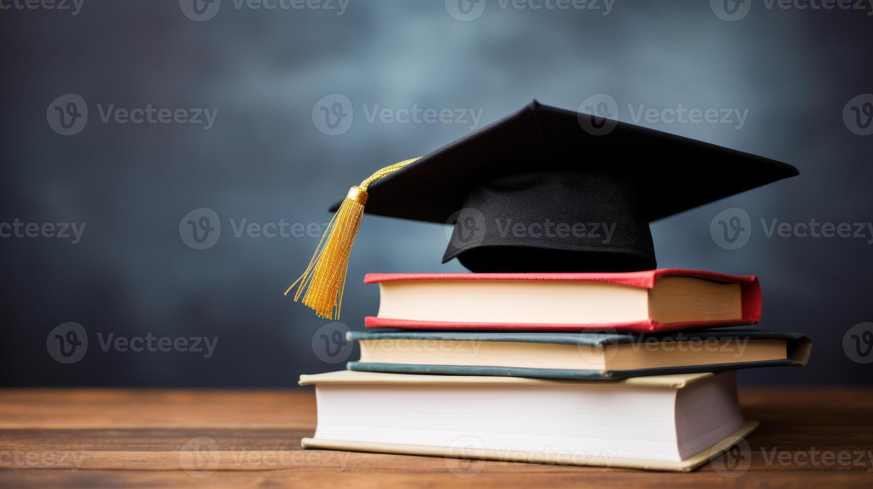 ai généré une l'obtention du diplôme casquette un haut une empiler de livres, représentant réussite photo