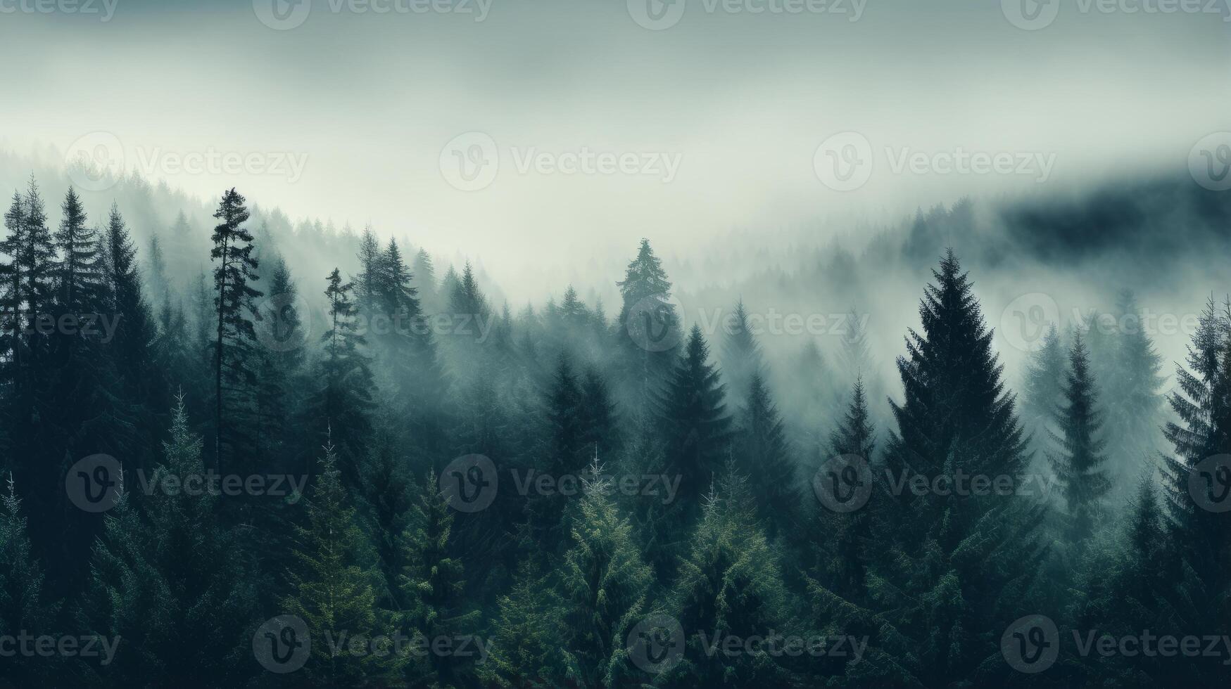 ai généré une dense brouillard roulant plus de une tranquille forêt photo