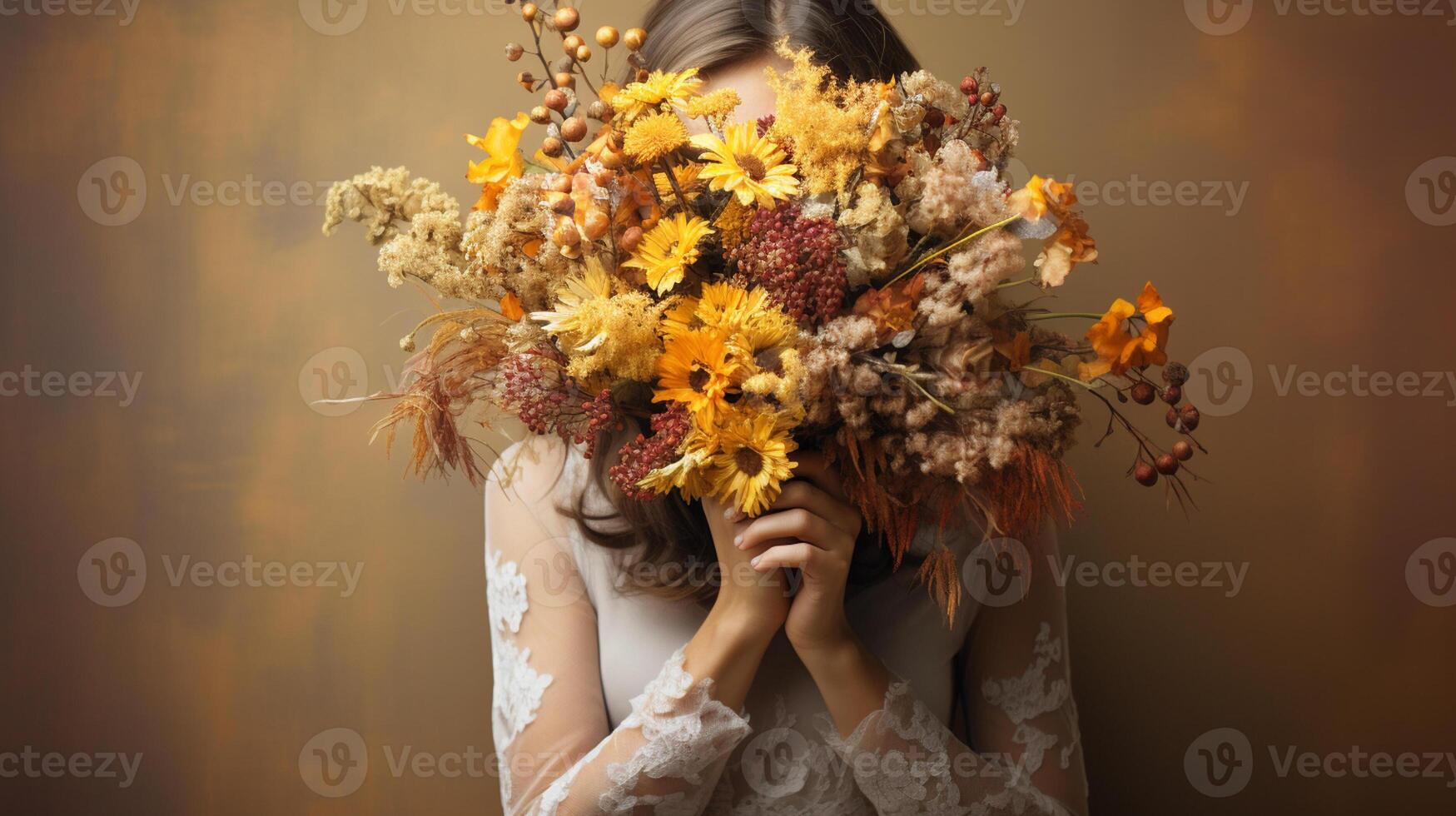 ai généré femme en portant magnifique l'automne bouquet sur Couleur Contexte photo