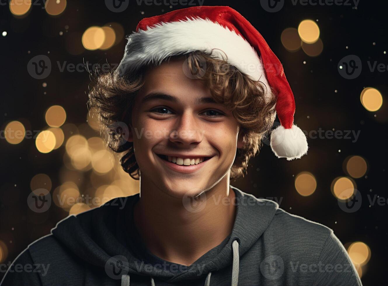 ai généré Nouveau année et Noël fête. portrait de une souriant Beau Jeune homme dans une rouge Père Noël casquette dans une luxe Noël chambre. photo