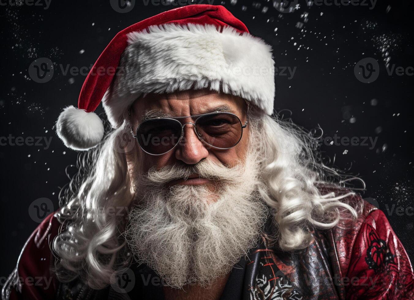 ai généré Père Noël claus avec barbe et des lunettes de soleil photo