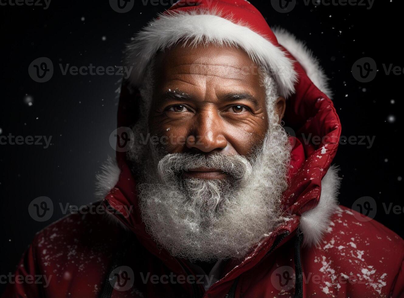 ai généré portrait de Sénior africain américain homme portant une costume de Père Noël claus et en portant cadeaux, à la recherche à caméra et souriant. qualité famille temps Noël fête. photo