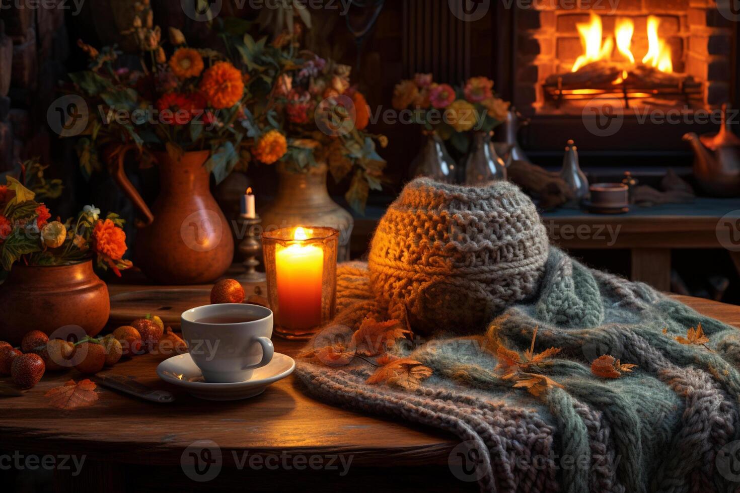 ai généré titulaires avec brûlant bougies, tasse de thé et fleurs sur lit photo