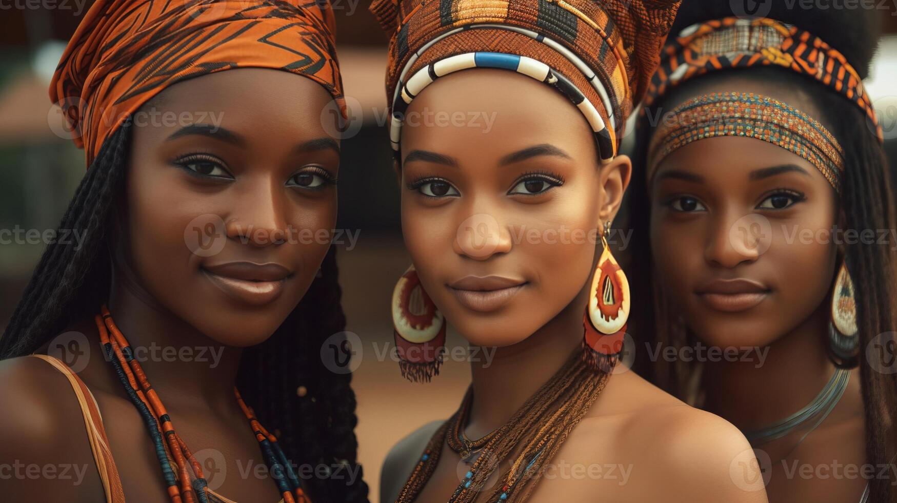 ai généré portrait de Trois africain femmes dans traditionnel vêtements posant dans une mode magasin. photo