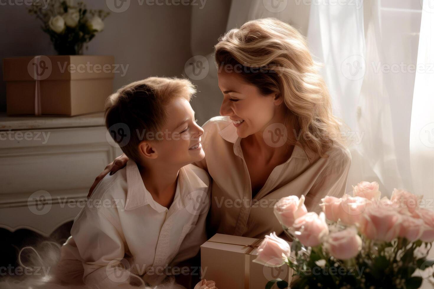 ai généré dans une brillant chambre, mère et fils échange cadeaux. mutuel compréhension, respect, joie. de la mère l'amour pour enfant photo