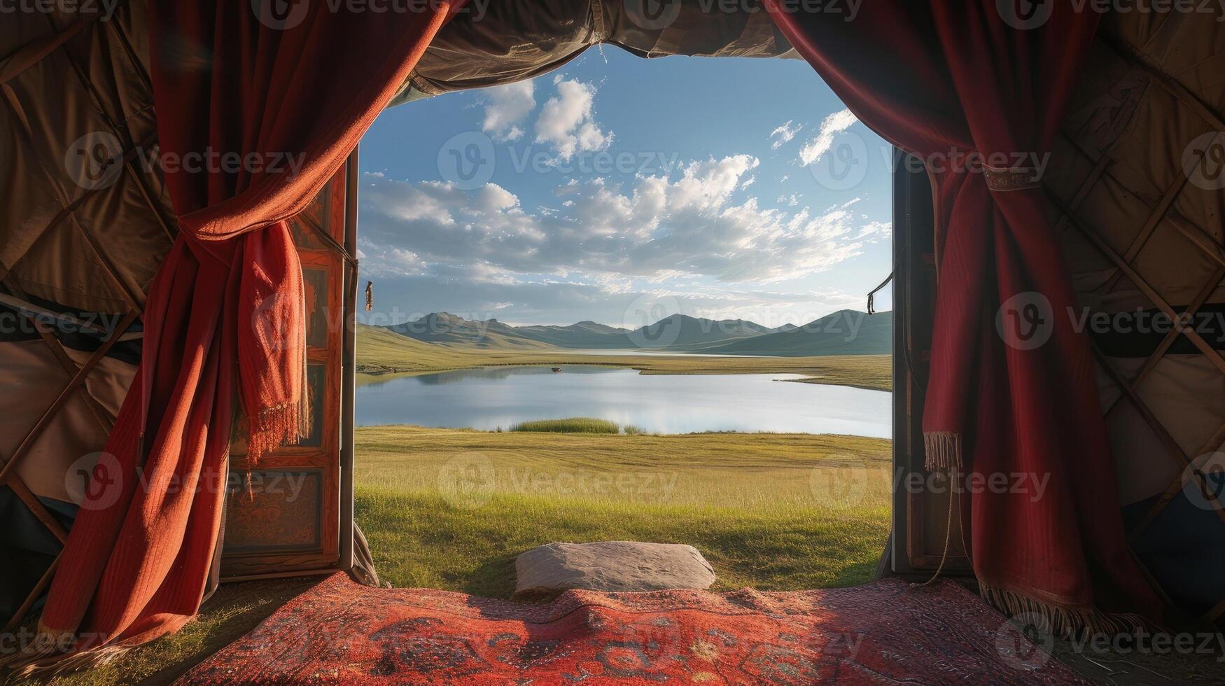 ai généré mongol paysages par une Cadre dans une Cadre composition, où le silhouette de une yourte porte cadres une loin vue de prairies, une lac, et majestueux montagnes. photo