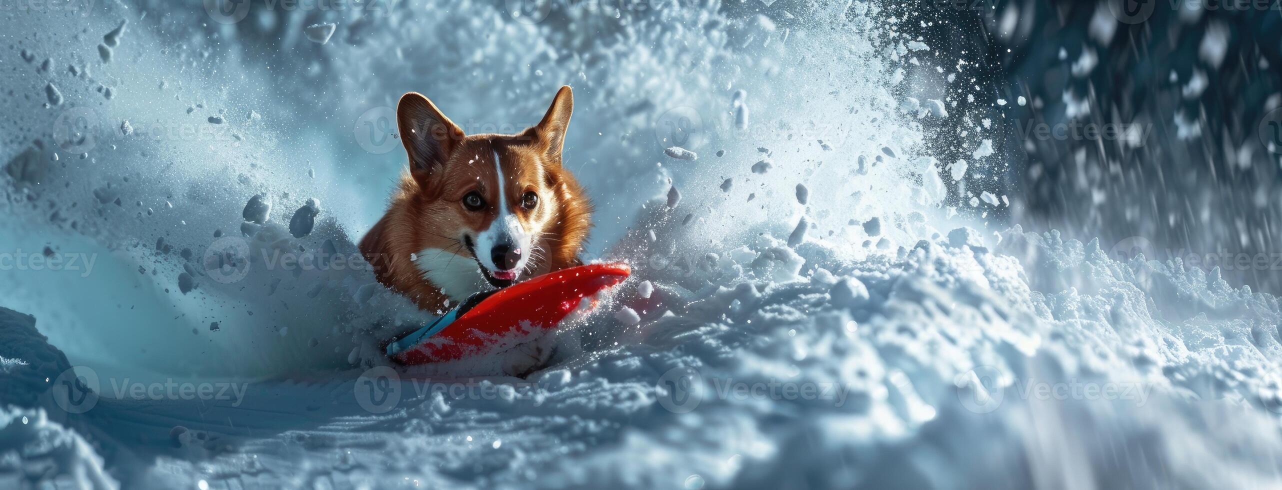 ai généré une mignonne corgi comme il jouit bobsleigh avec une cool affronter, ses plein corps figure glissement vers le bas le neigeux pente avec une espiègle expression cette rayonne joie et excitation. photo