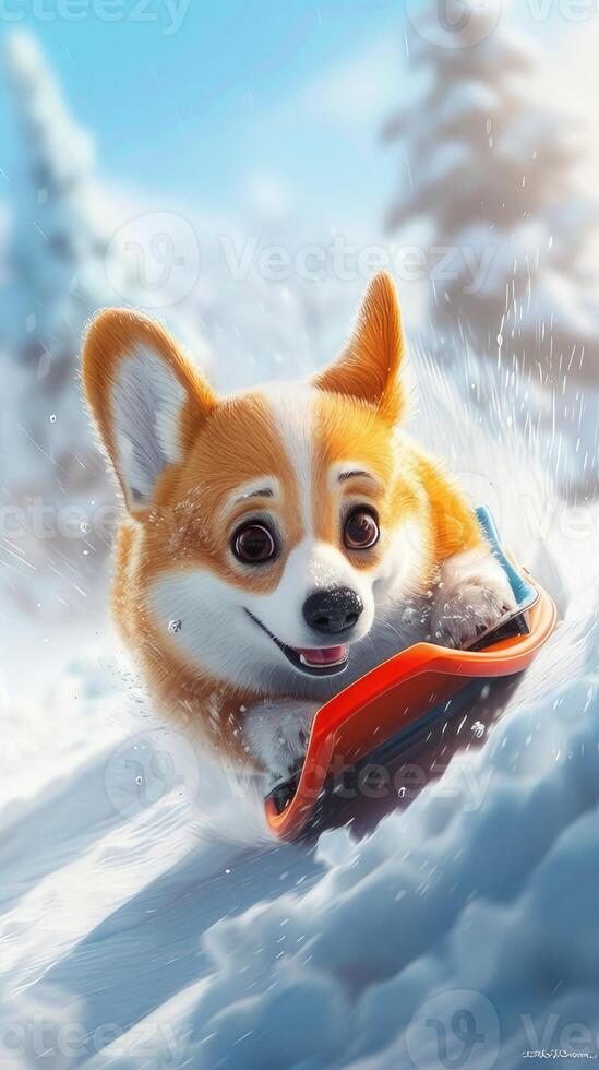 ai généré une mignonne corgi comme il jouit bobsleigh avec une cool affronter, ses plein corps figure glissement vers le bas le neigeux pente avec une espiègle expression cette rayonne joie et excitation. photo