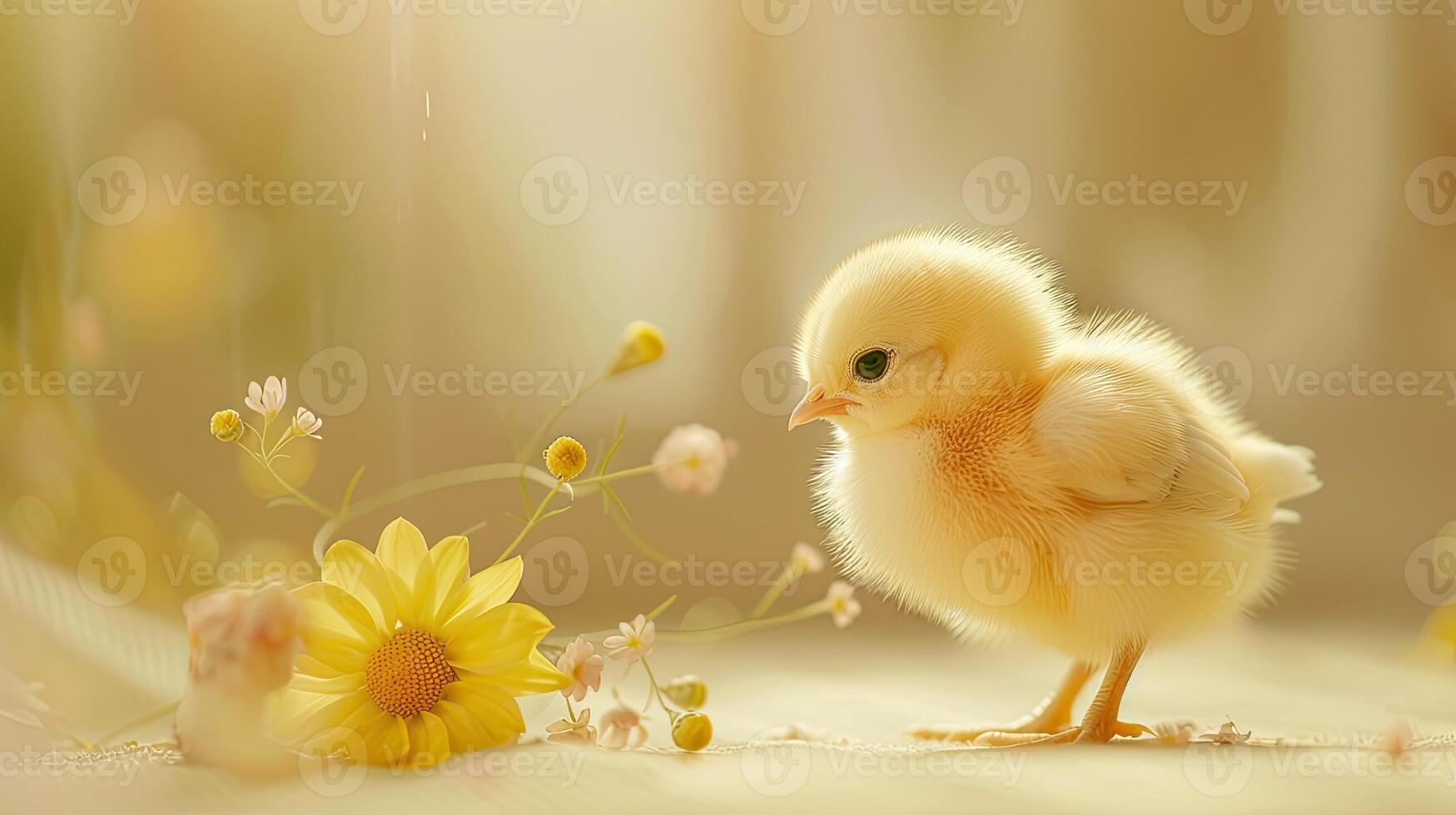 ai généré une très mignonne Jaune poussin permanent contre une captivant lumière monochromatique arrière-plan, avec une délicat fleur proche, création une réconfortant et enchanteur scène de innocence et beauté photo