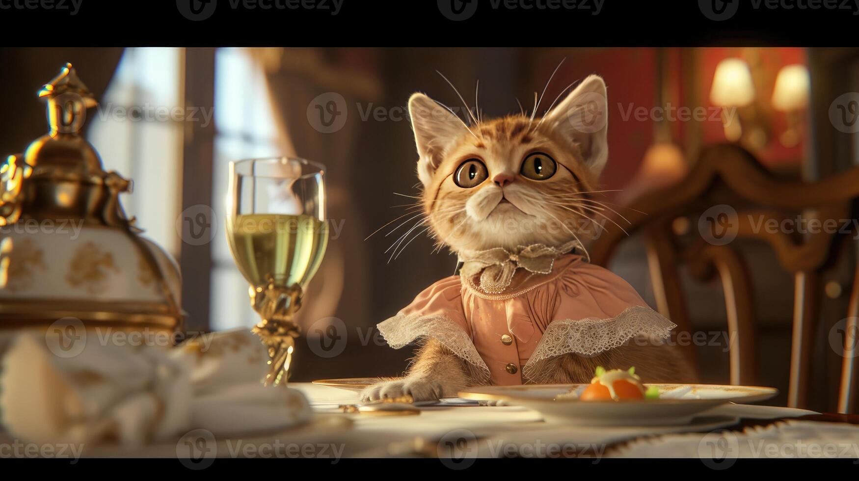 ai généré un Animé chaton exsudant sophistication dans ses tenue, dépeint dans hyper-réaliste détail photo