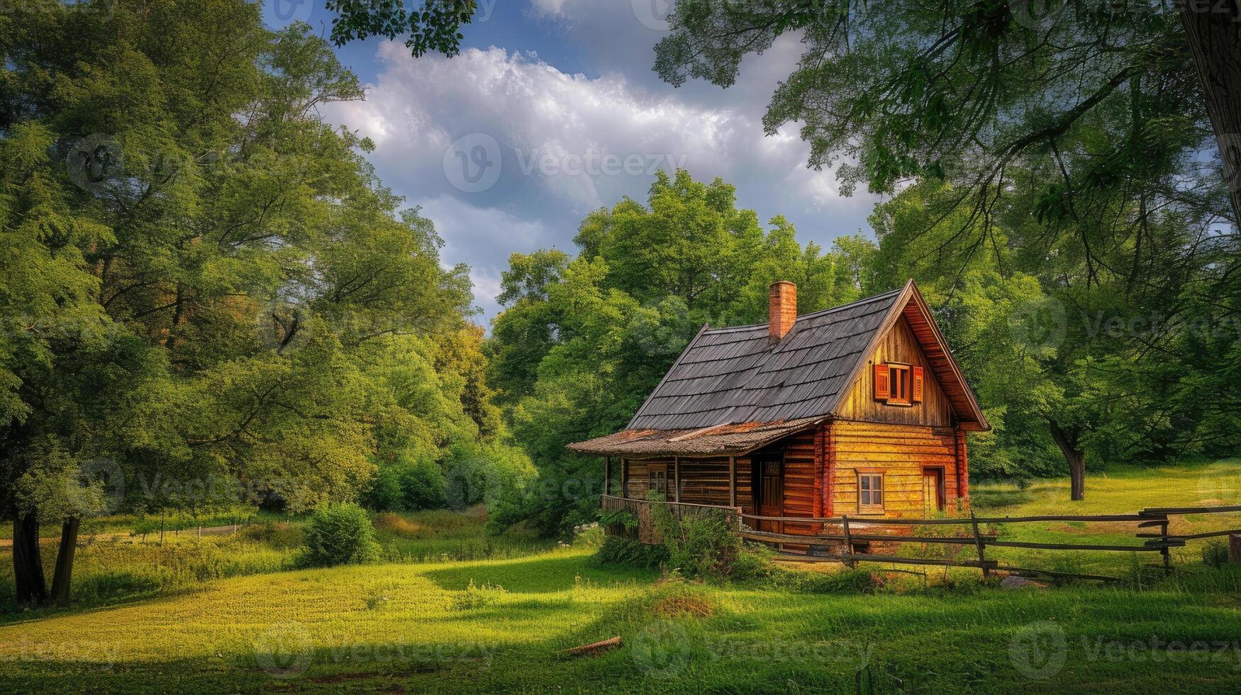 ai généré village la vie dans Serbie avec une réaliste photographier avec une pittoresque en bois cabine niché au milieu de le pittoresque campagne, évoquant une sens de tranquillité et sérénité. photo