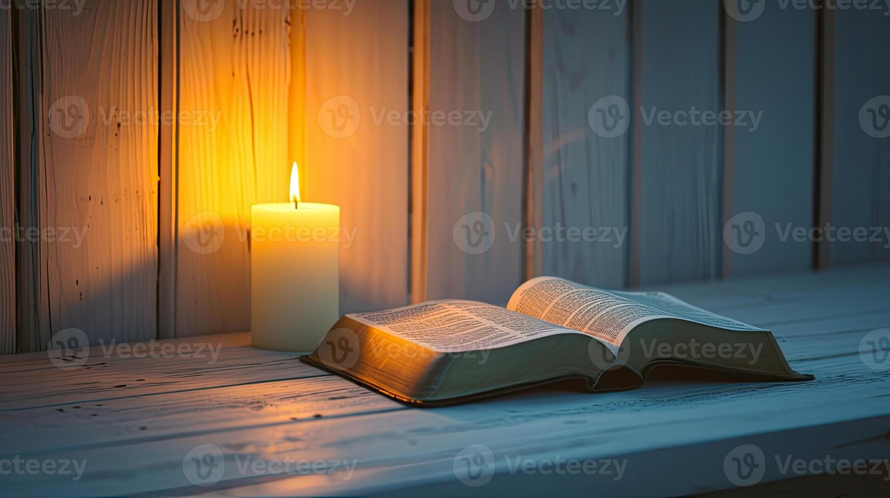 ai généré un ouvert saint livre, le Bible, suivant à une brûlant bougie sur une blanc en bois tableau, tandis que communicant avec Dieu photo