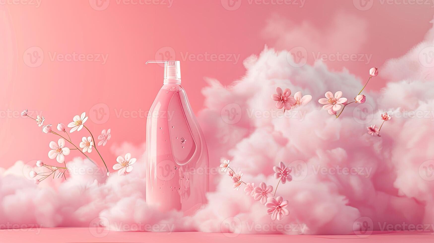 ai généré parfumé rose des nuages et floral motifs émergente de fraîchement blanchi articles, illustrant le unique floral parfum de blanchisserie détergent gel. photo