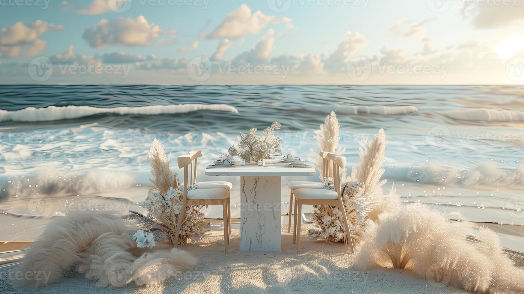 ai généré une blanc marbre table ensemble en haut pour une maquette contre le toile de fond de une romantique plage mariage réception, avec doux sable, doux vagues, et rêveur côtier décor. photo