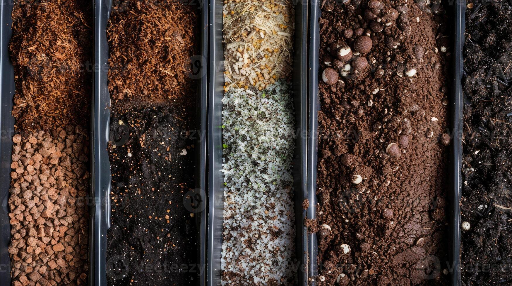 ai généré légume des graines avec une mélanger de coco la fibre de coco, tourbe, et perlite, mettant en valeur le essentiel Composants de une en bonne santé et fertile croissance moyen dans une jardinage paramètre. photo
