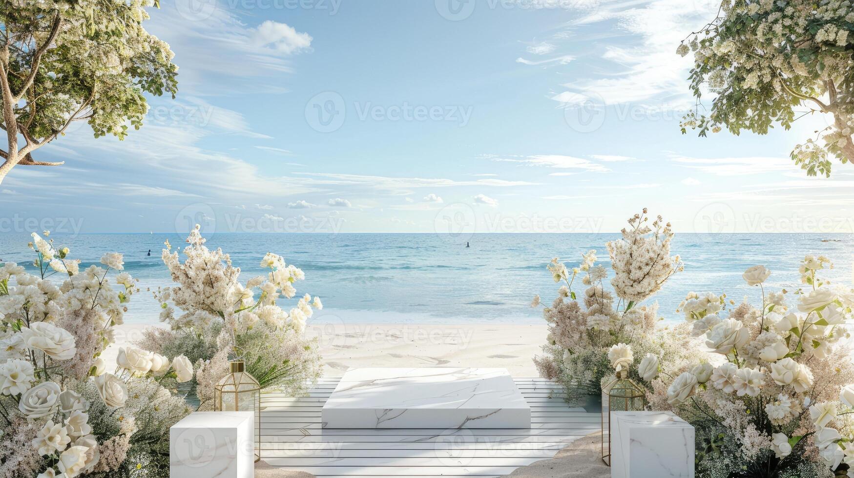 ai généré une blanc marbre table ensemble en haut pour une maquette contre le toile de fond de une romantique plage mariage réception, avec doux sable, doux vagues, et rêveur côtier décor. photo