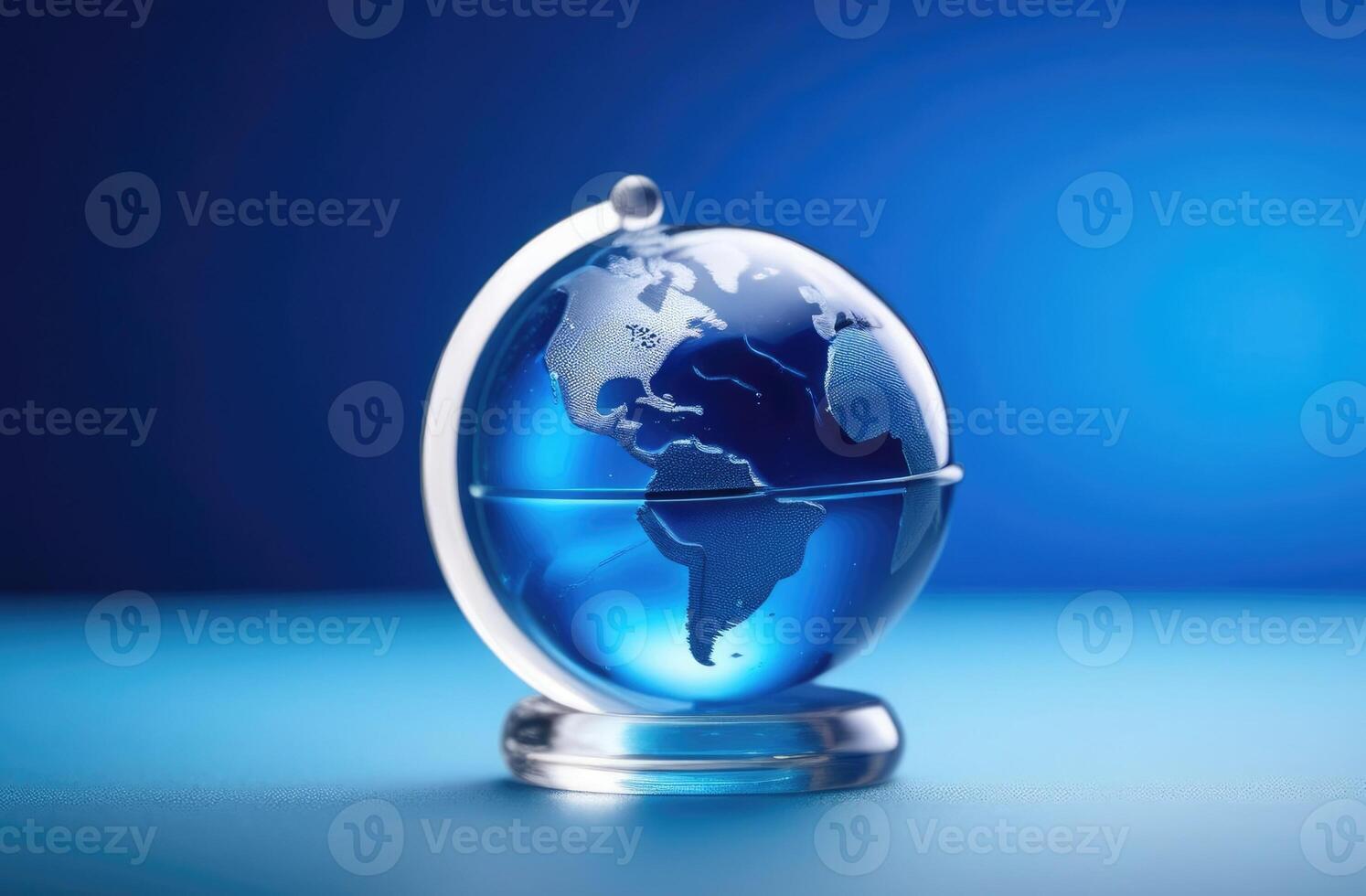 ai généré Terre jour, petit verre globe, planète Terre figurine, environnement protection, bleu Contexte photo