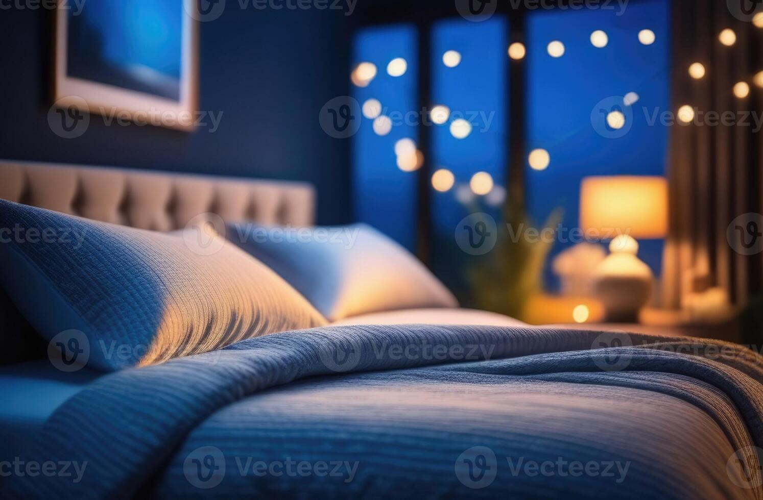 ai généré monde sommeil jour, moderne chambre intérieur, confortable atmosphère, luxe hôtel, brillant couvre-lit sur une double lit, blanc oreillers, bleu nuances, chaud nuit éclairage, vue de le fenêtre photo