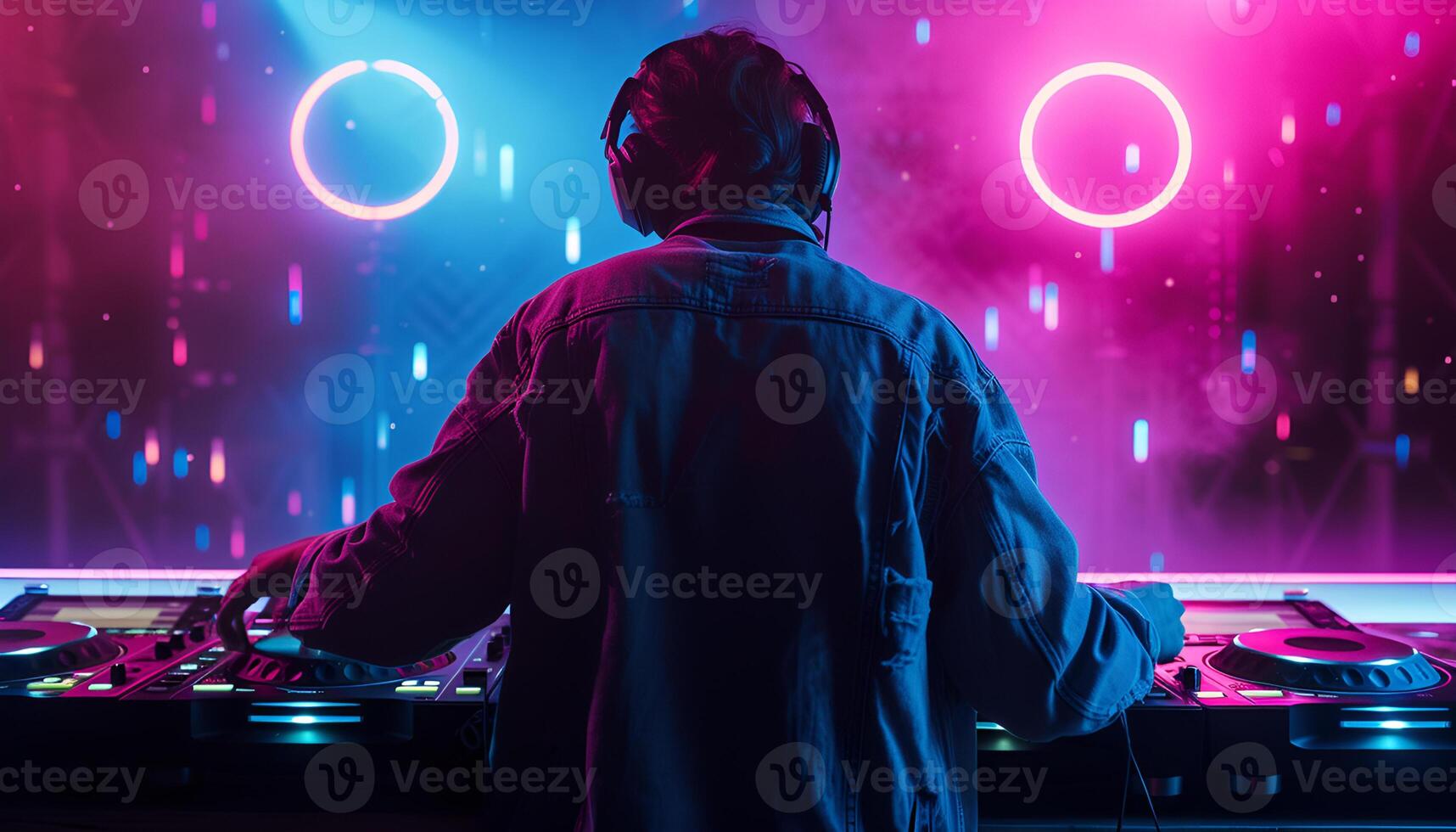 ai généré dj en jouant électronique la musique à nuit club fête photo