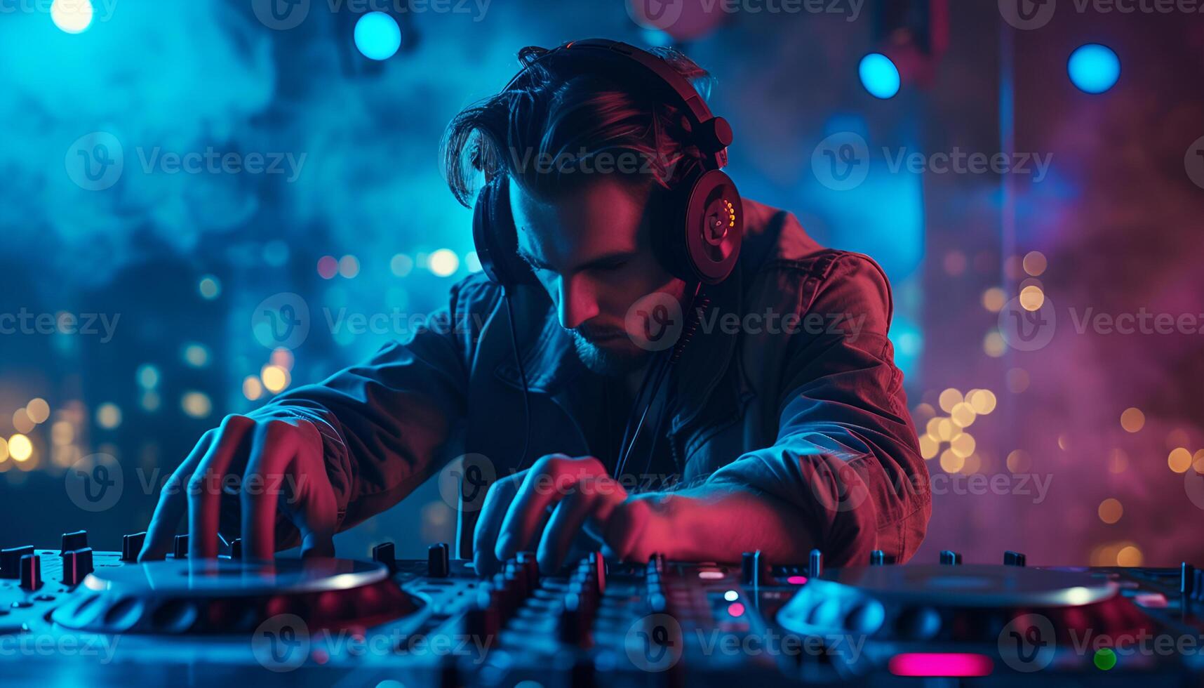 ai généré dj en jouant électronique la musique à nuit club fête photo