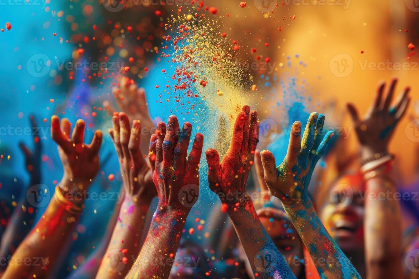 ai généré exubérant Holi fête avec coloré poudre dans air. joyeux mains lancer vibrant Holi poudre vers le ciel, création une dynamique et coloré fête atmosphère. photo