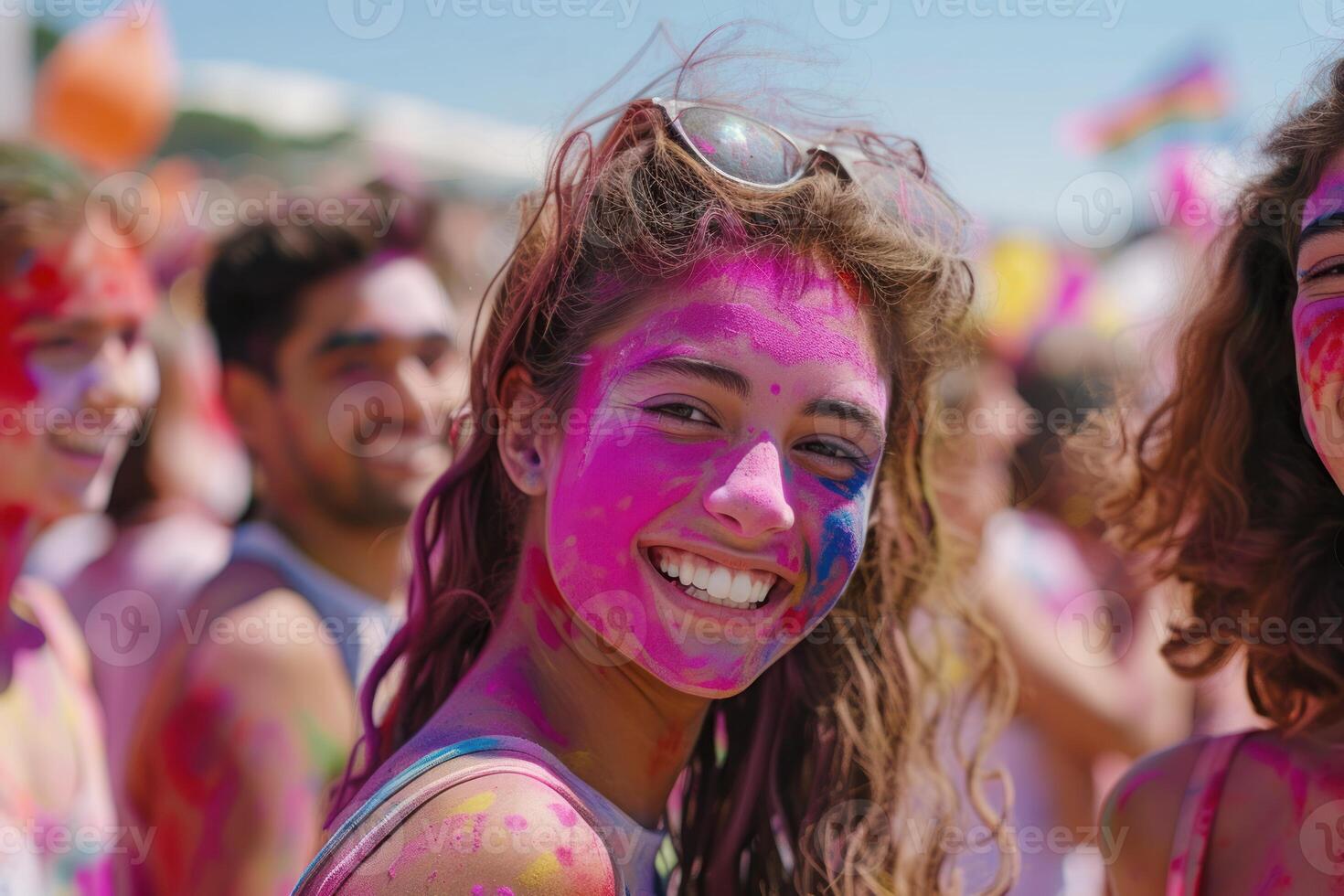 ai généré joyeux Jeune femme célébrer Holi festival. fermer de une souriant Jeune femme visage orné avec coloré Holi Festival poudres, exsudant Bonheur. photo
