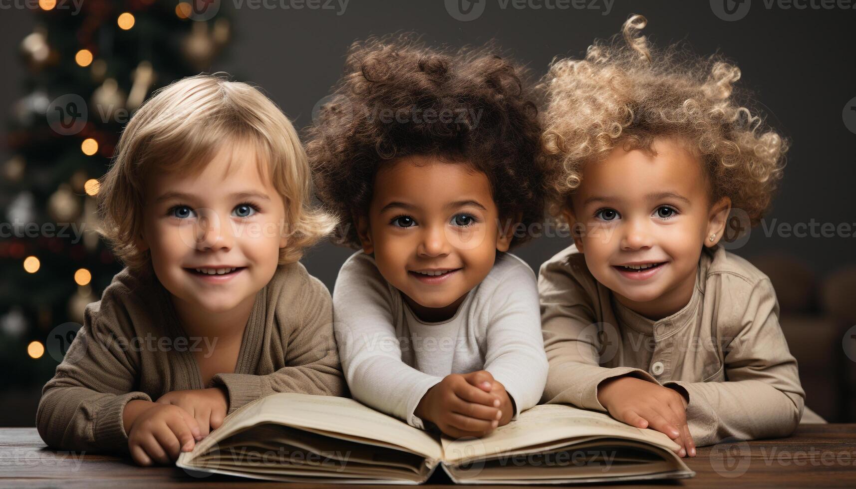 ai généré souriant garçons et mignonne filles, bonheur dans enfance, en train de lire livre généré par ai photo