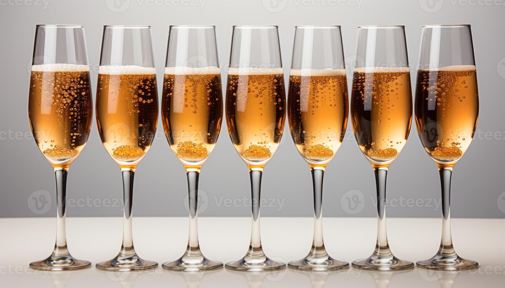 ai généré Champagne flûtes dans une ligne, d'or bulles célébrer le fête généré par ai photo