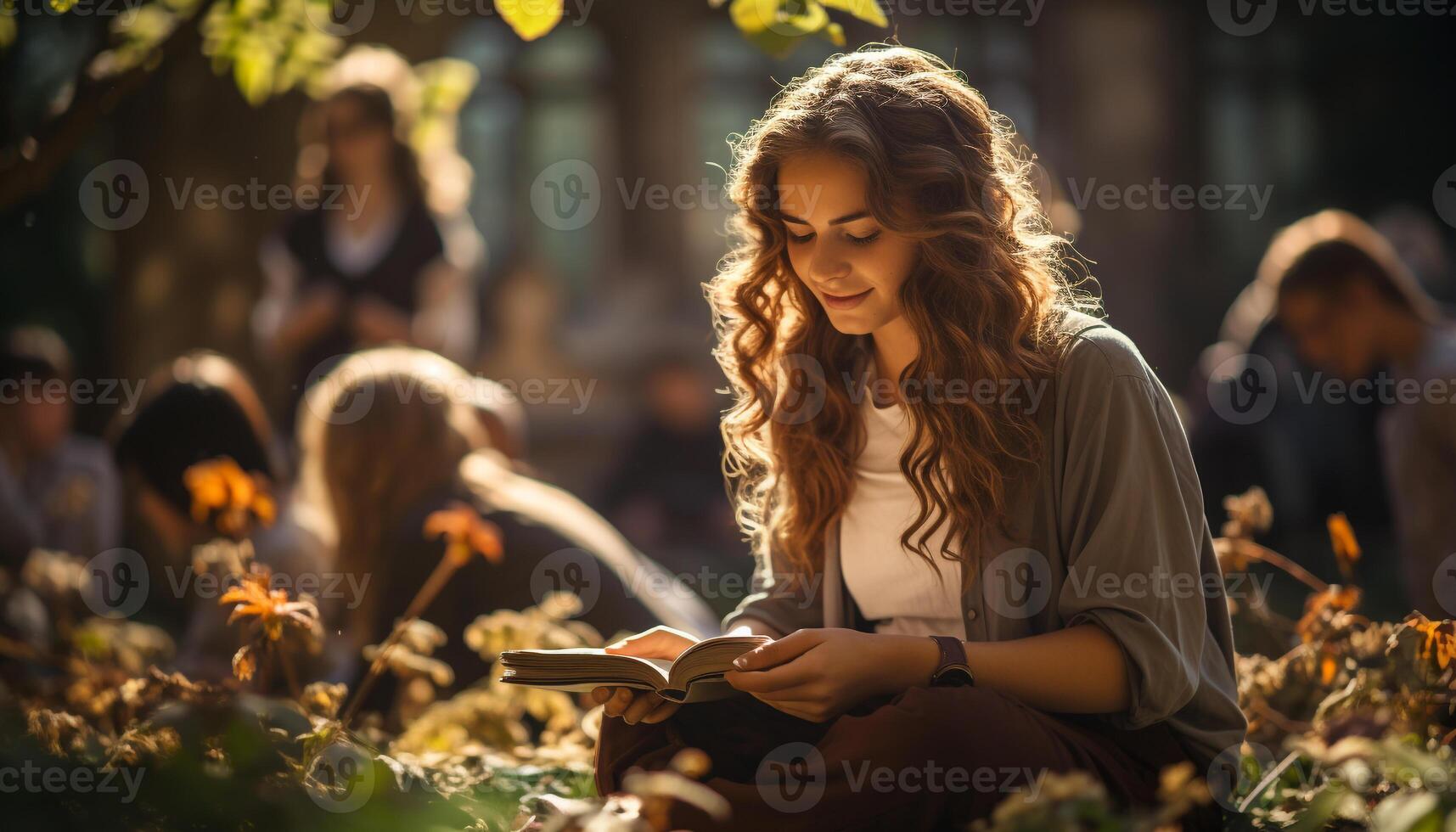 ai généré un femme séance en plein air, en train de lire une livre, souriant dans l'automne généré par ai photo