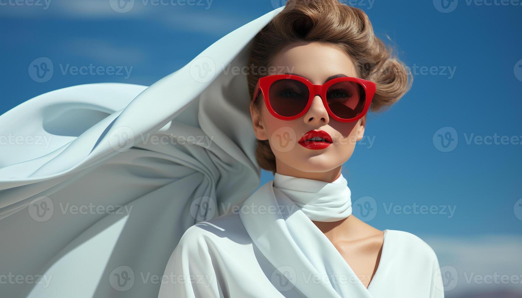 ai généré Jeune femme dans des lunettes de soleil, souriant, à la recherche à caméra, en plein air généré par ai photo