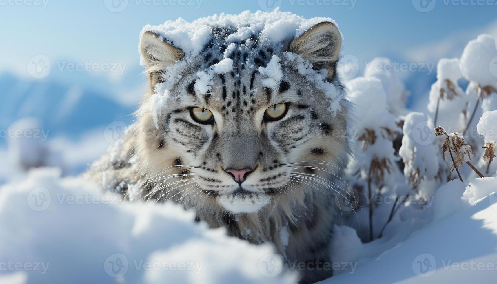 ai généré majestueux neige léopard traque, en regardant, mignonne dans hiver région sauvage généré par ai photo