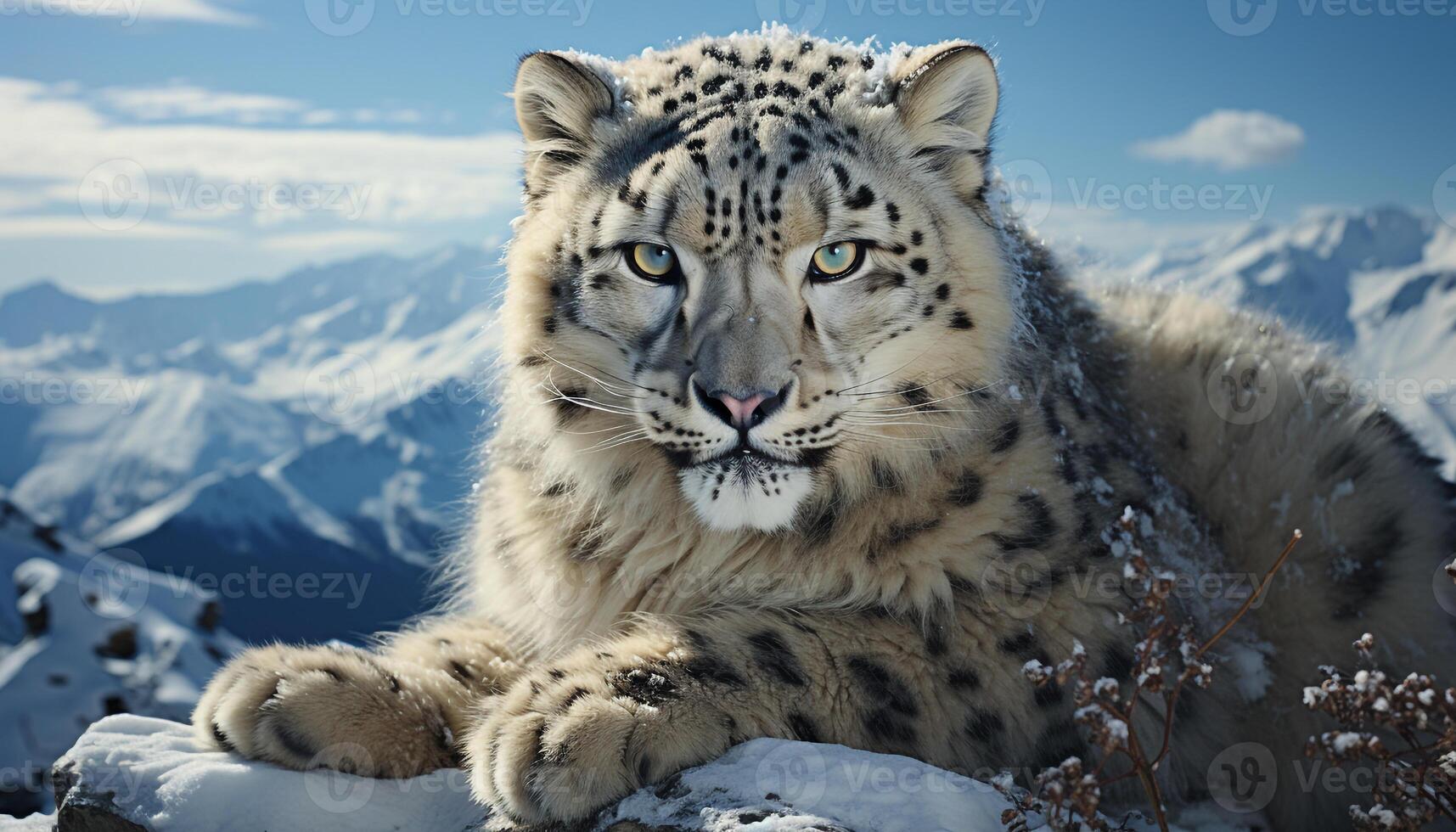 ai généré majestueux neige léopard, une grand en danger félin, dans hiver région sauvage généré par ai photo