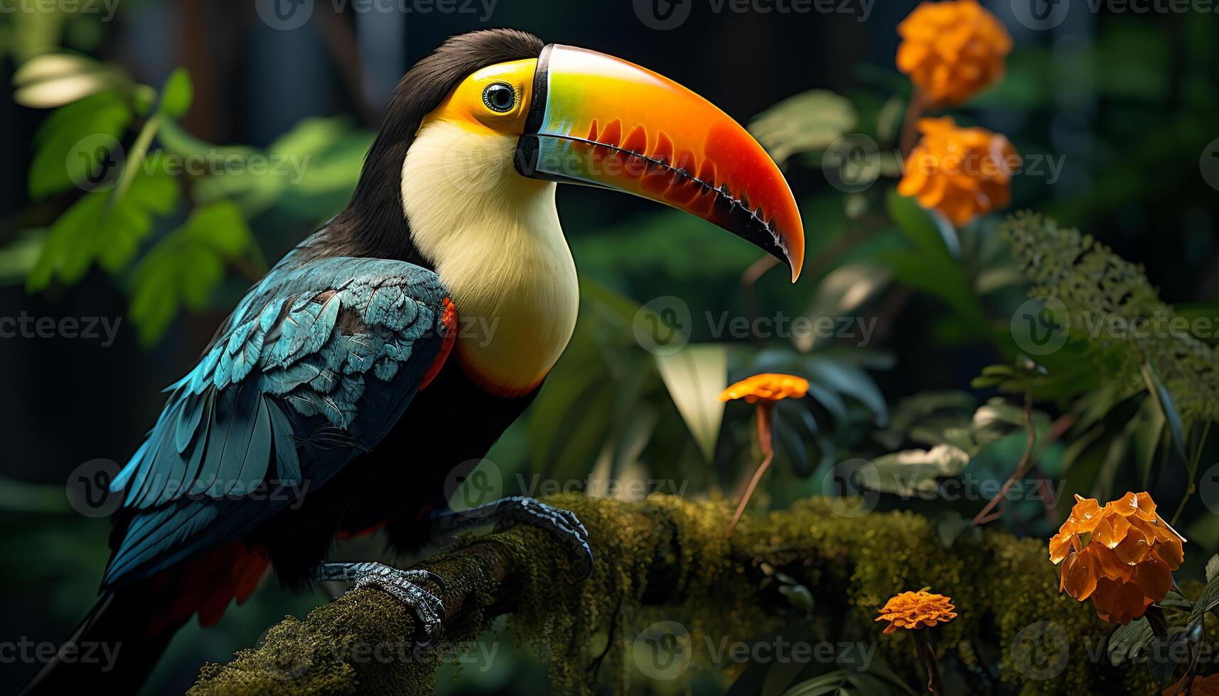 ai généré une vibrant toucan perchoirs sur une branche dans le forêt tropicale généré par ai photo