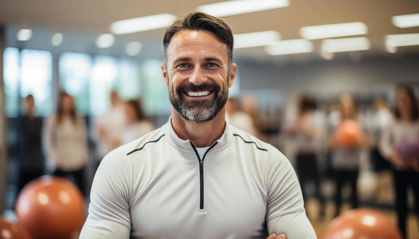 ai généré un sur de soi homme, souriant, à la recherche à caméra, exercice à l'intérieur généré par ai photo