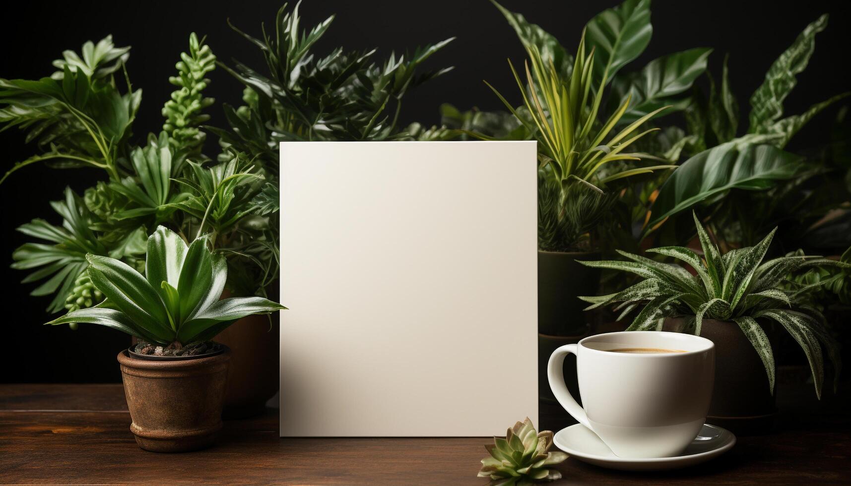 ai généré moderne Bureau bureau avec usine, café, livre, et Vide papier généré par ai photo