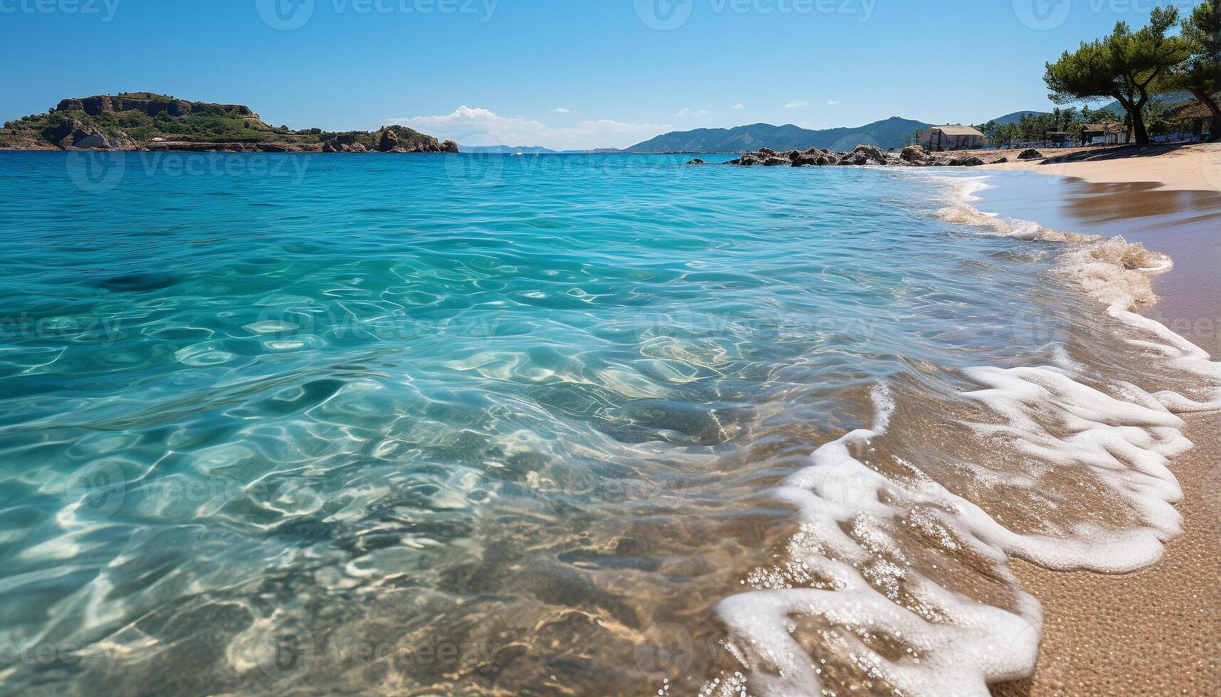 ai généré tranquille littoral, turquoise vague, Montagne horizon, clair ciel, serein beauté généré par ai photo