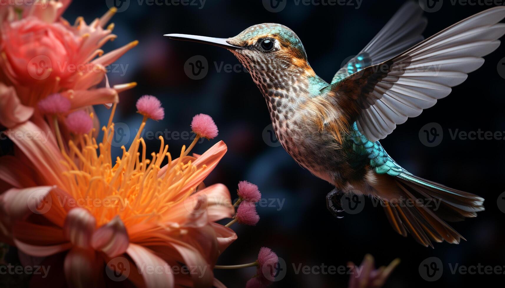 ai généré colibri plane, se répand ailes, pollinise fleur dans vibrant la nature généré par ai photo