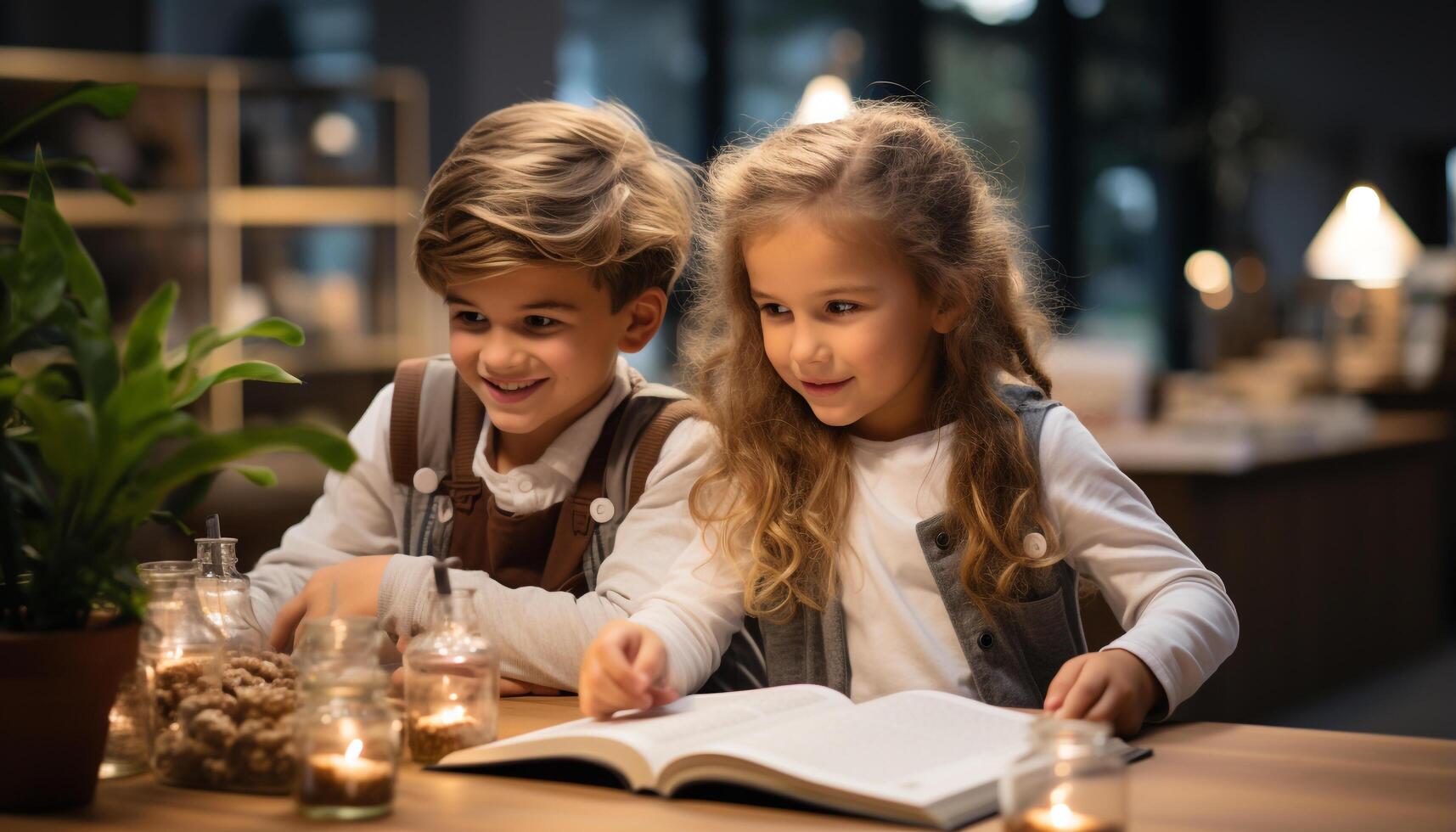 ai généré deux les filles et deux garçons souriant, en train de lire une livre ensemble généré par ai photo