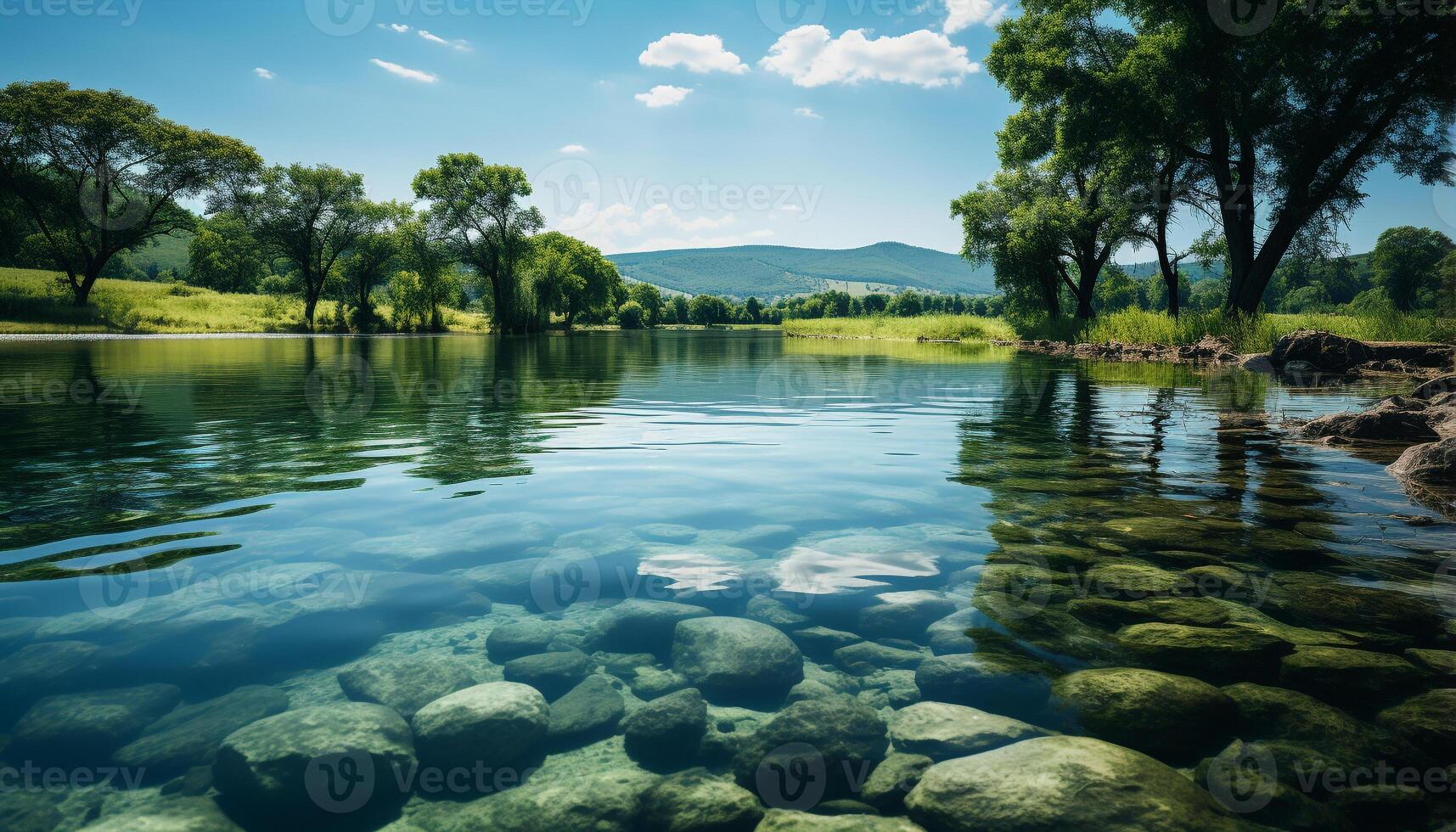 ai généré tranquille scène Montagne gamme, écoulement eau, Naturel beauté à crépuscule généré par ai photo