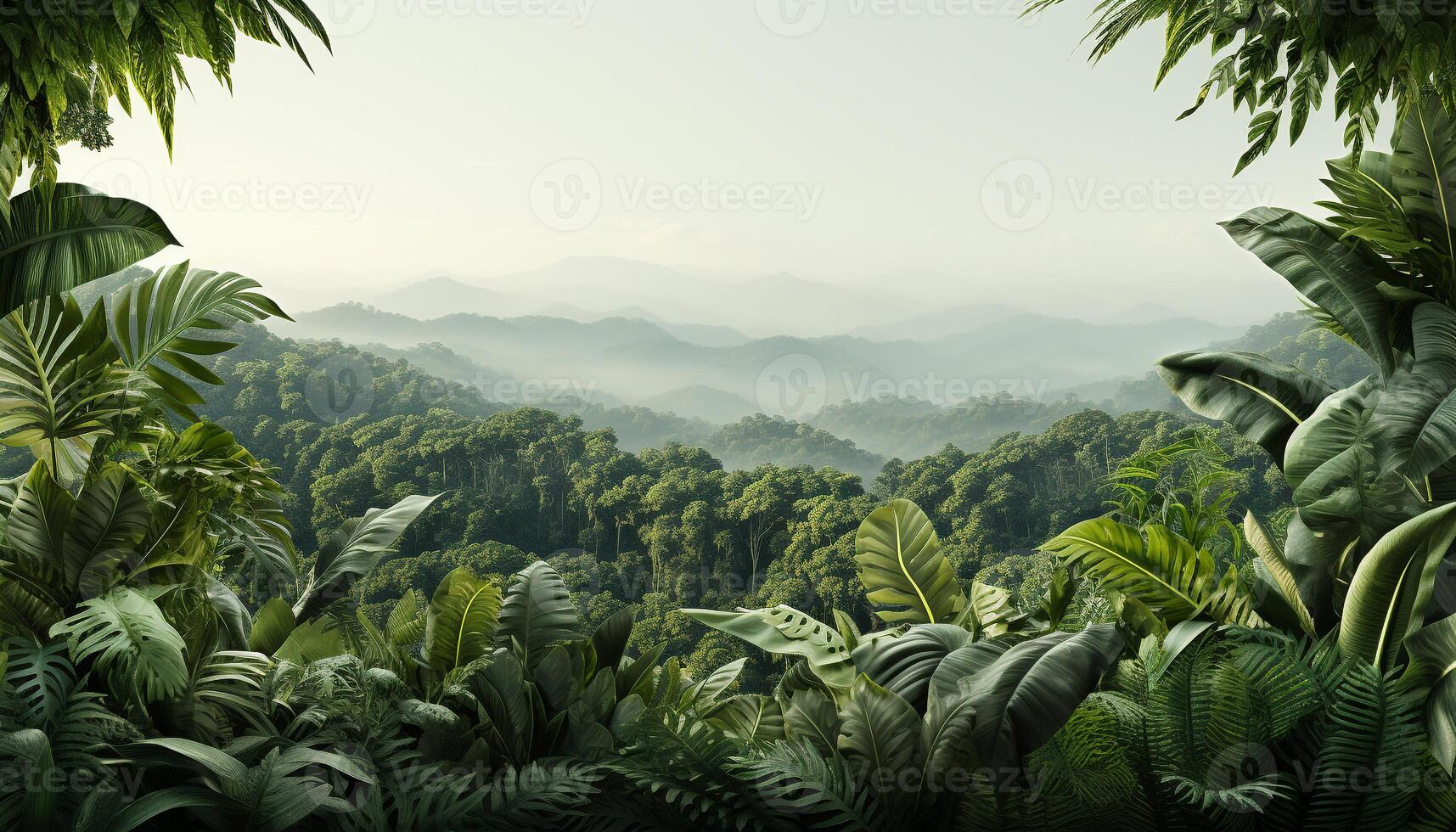 ai généré tranquille tropical forêt tropicale, vert feuillage, Montagne culminer, et le coucher du soleil généré par ai photo