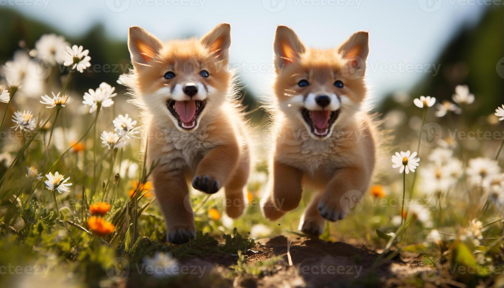 ai généré mignonne chiot en jouant dans le prairie, entouré par Jaune marguerites généré par ai photo