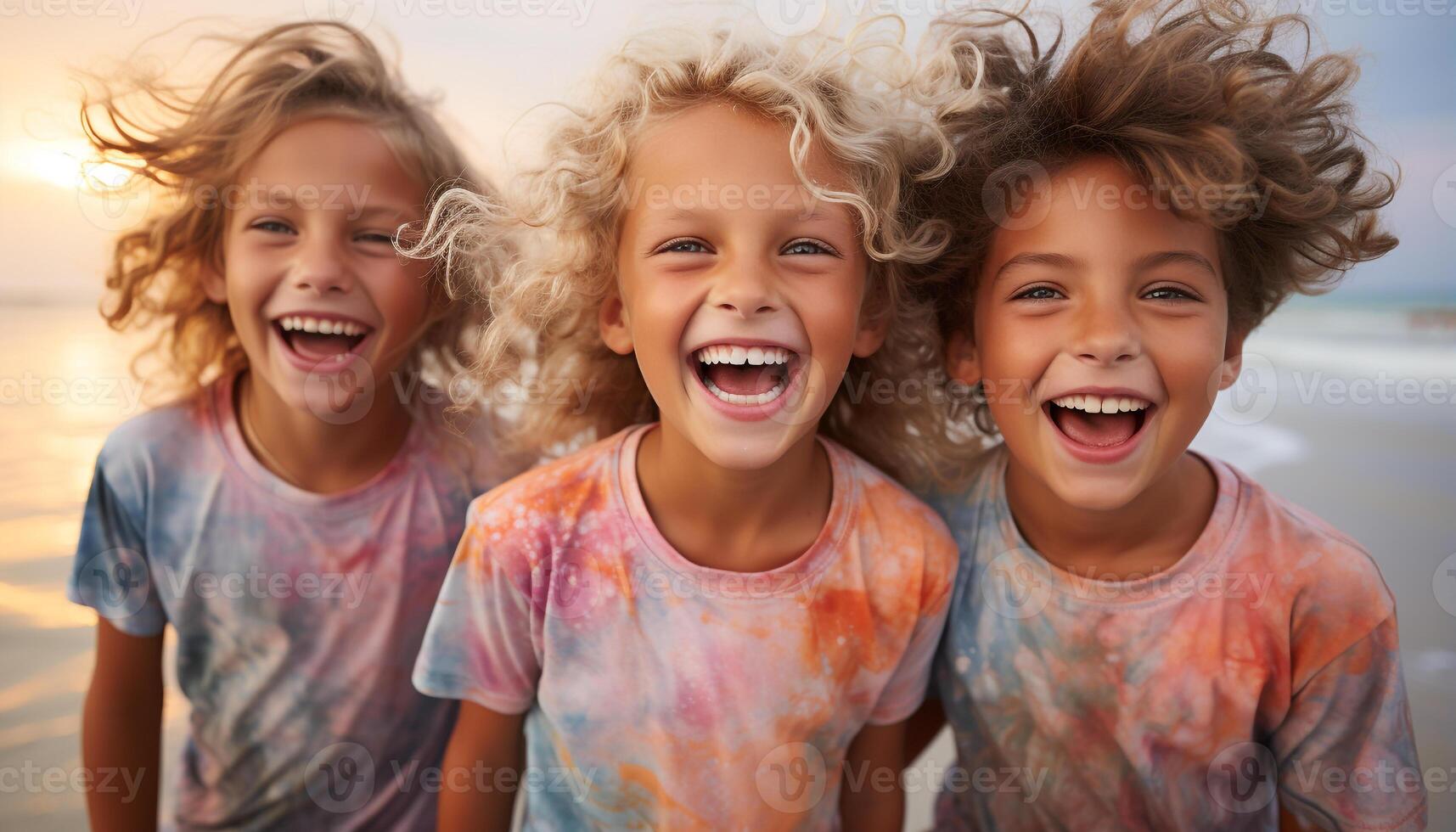 ai généré les enfants en jouant en plein air, souriant, en riant, profiter été, insouciant et content généré par ai photo