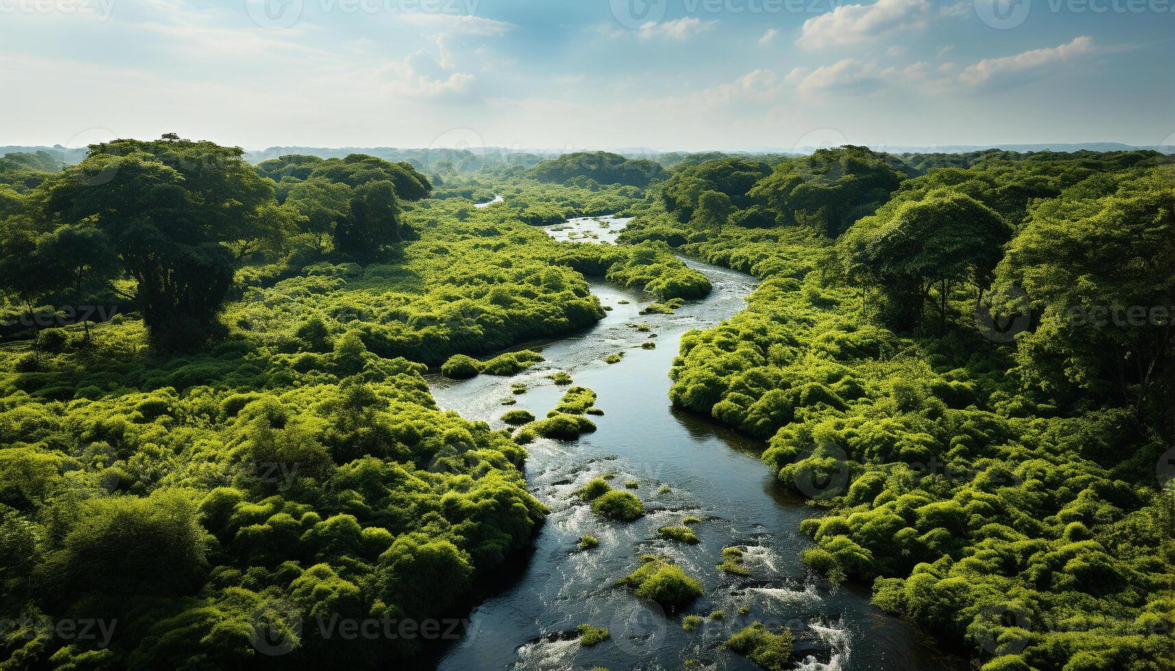 ai généré tranquille Prairie reflète vert forêt, bleu ciel, et écoulement l'eau généré par ai photo