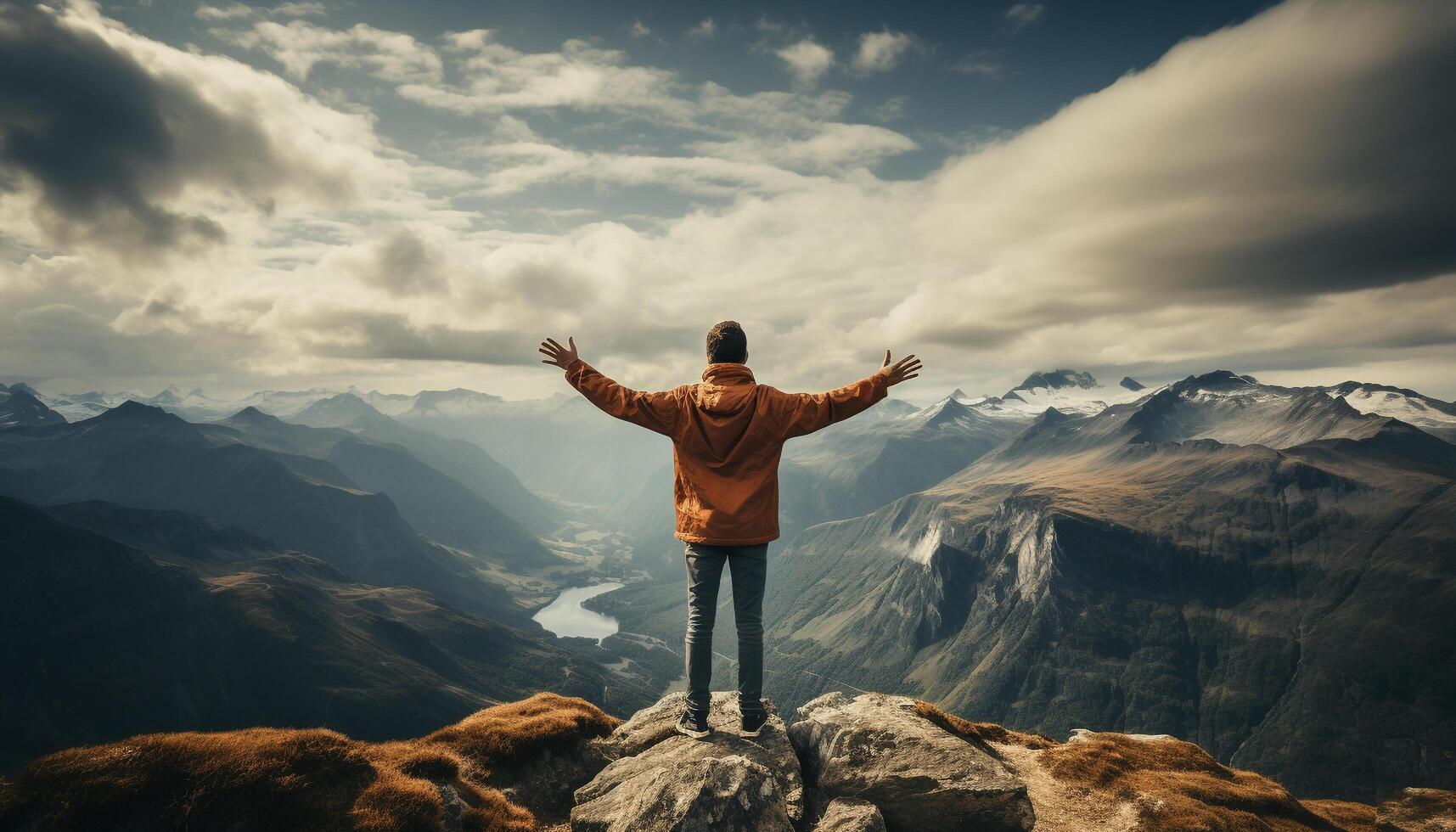 ai généré un la personne permanent sur Haut de Montagne culminer, bras élevé généré par ai photo