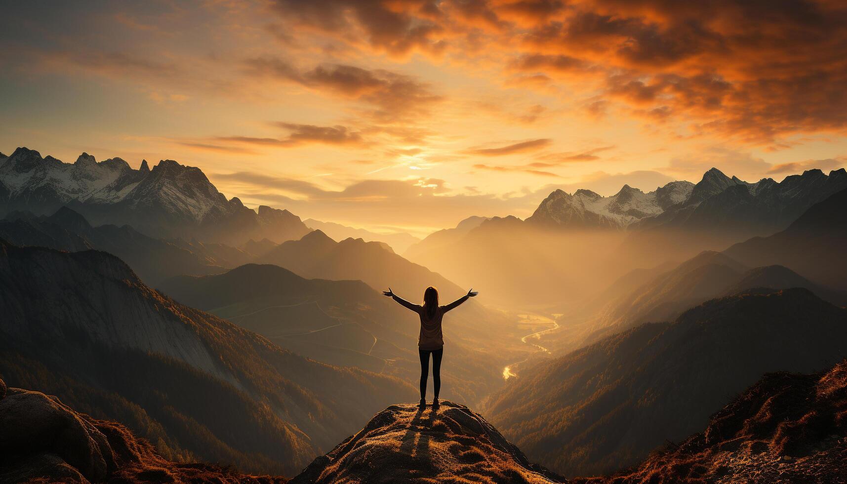 ai généré un la personne permanent sur Haut de montagne, bras soulevé, joyeux généré par ai photo